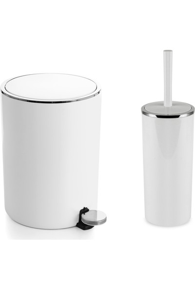 Primanova Lenox Pedallı Çöp Kovası + Lenox Tuvalet Fırçası Seti Beyaz