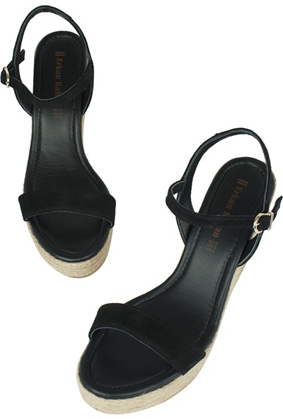 Erkan Kaban 6662 008 Kadın Siyah Süet Dolgu Topuk Büyük & Küçük Numara Sandalet