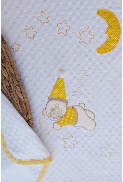 Mellowbabystore %100 Pamuk Sarı Uyuyan Ayı Desenli Bebek Pikesi
