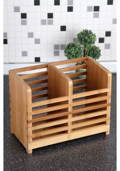 Tezgah Üstü Iki Bölmeli Bambu Kaşıklık