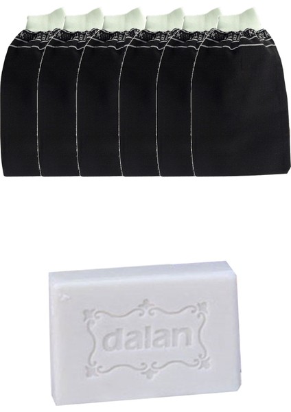 Lastikli Kalın Siyah Banyo Hamam Kesesi 6 Adet + Dalan Sultan Doğal Banyo Sabunu 200 gr