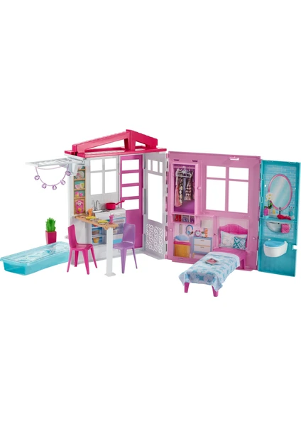 Barbie'nin Taşınabilir Portatif Evi, 1 Katlı, Havuzlu Oyun Seti FXG54