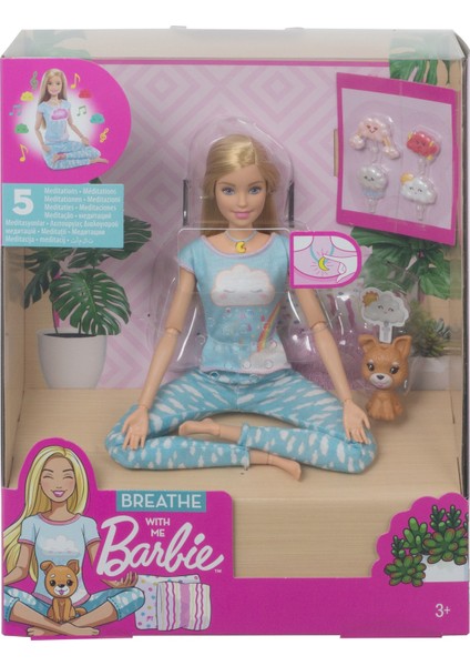 Wellness - Barbie Nefes Egzersizi Bebeği, Sarışın Bebek, 5 Işıklı ve Rehberli Meditasyon Egzersizi, Köpek Dahil GNK01