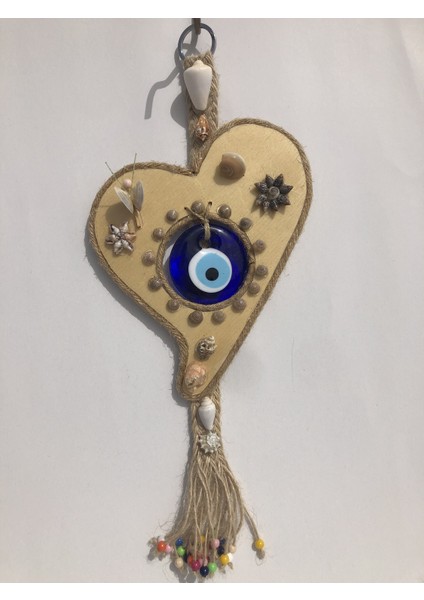 Deniz Kabuğu Süslemeli Nazar Boncuklu El Yapımı Ahşap Kalp Nazarlık Duvar Süsü 15x30CM - DVS31 modelleri
