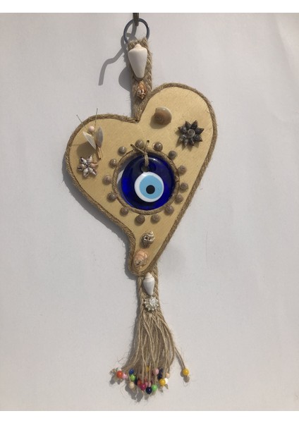 Deniz Kabuğu Süslemeli Nazar Boncuklu El Yapımı Ahşap Kalp Nazarlık Duvar Süsü 15x30CM - DVS31 fırsatları