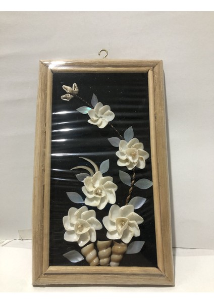 Deniz Kabuğu Süslemeli Kamış Çerçeveli El Yapımı Çiçek Pano Duvar Süsü 12x25CM - DVS22