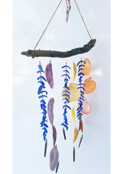 Renkli Deniz Kabuğu Sarkıtlı Doğal Ağaç Askılı El Yapımı Rüzgar Çanı 45x55 cm - RZG18 fiyatları