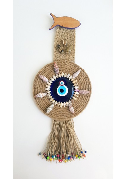 Deniz Kabuğu ve Nazar Boncuğu Süslemeli El Yapımı Halat Kaplama Nazarlık Duvar Süsü 20 cm - DVS39