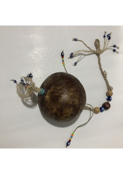 Hindistan Cevizi Kabuğundan Boncuk Süslemeli El Yapımı Vernikli Sarkaç Rüzgar Çanı 15x50CM - RZG06