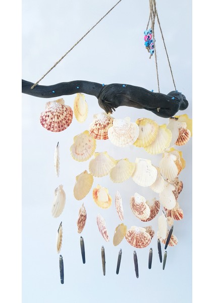 Renkli Deniz Kabuğu Sarkıtlı Doğal Ağaç Askılı El Yapımı Rüzgar Çanı 40x60 cm - RZG22