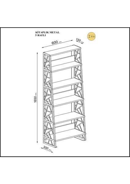 Wood'n Love Albatros 5 Raflı Metal Kitaplık - Atlantik Çam / Siyah