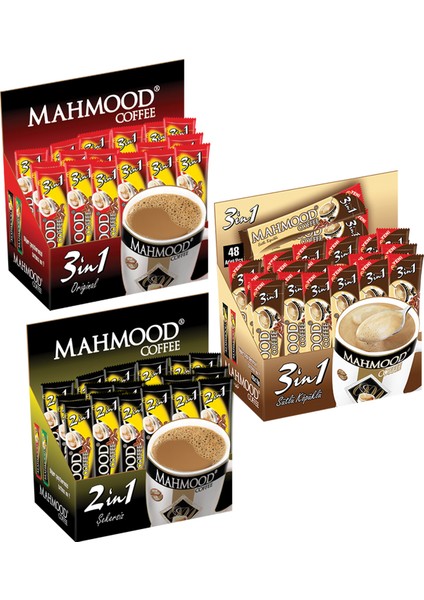 Mahmood Coffee 3'ü 1 arada ve 3'ü 1 arada Sütlü Köpüklü ve 2'si 1 Arada 3'lü Set 48 x 3