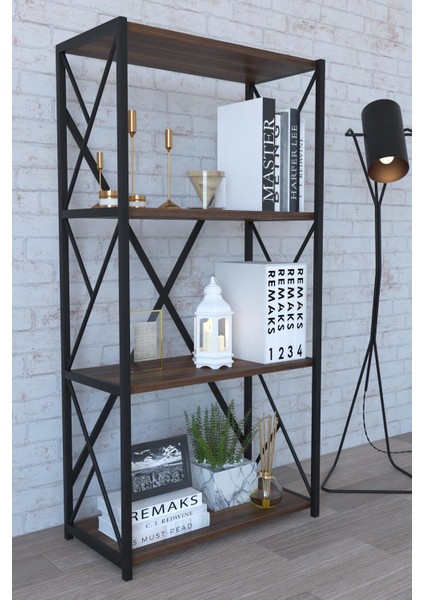 4 Raflı Metal Kitaplık - Ceviz