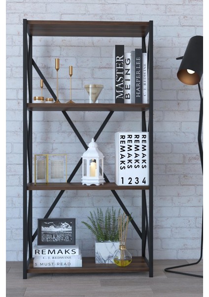4 Raflı Metal Kitaplık - Ceviz fiyatları