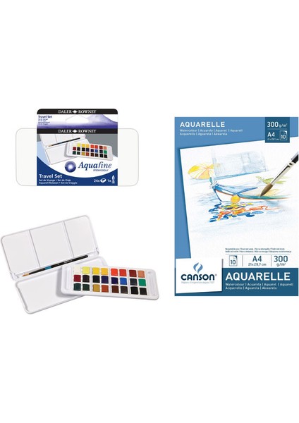 Daler Rowney Aquafine Tablet Sulu Boya Seti 24 Renk + Canson 300 gr A4 Sulu Boya Defteri