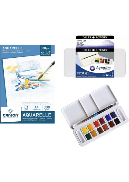 Daler Rowney Aquafine Tablet Sulu Boya Seti 12 Renk + Canson 300 gr A4 Sulu Boya Defteri