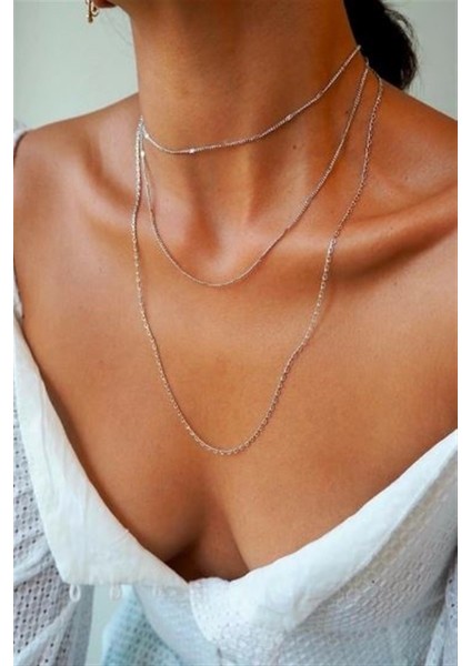 Kadın Üçlü Şeri Zincir Kolye Silver Katmanlı Kolye Choker Uzun Çoklu Kolye