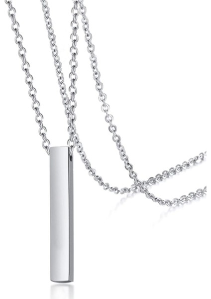 Gümüş Kaplamalı Çubuk Uzun Bar Dikdörtgen Kolye 70 cm