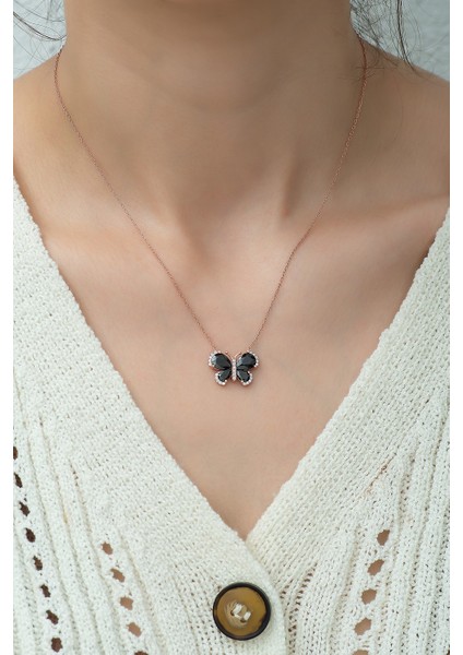 925 Ayar Gümüş Siyah Taşlı Kelebek Kadın Kolye