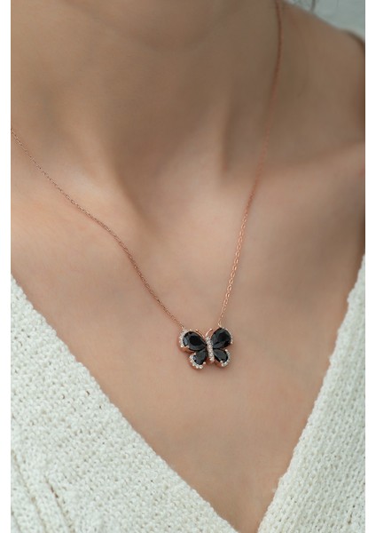 925 Ayar Gümüş Siyah Taşlı Kelebek Kadın Kolye fiyatları