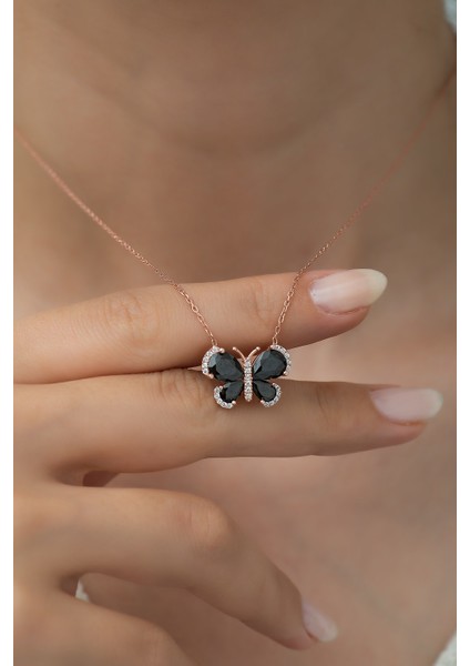 925 Ayar Gümüş Siyah Taşlı Kelebek Kadın Kolye modelleri