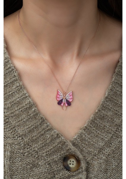 925 Ayar Gümüş Pembe Kelebek Kadın Kolye