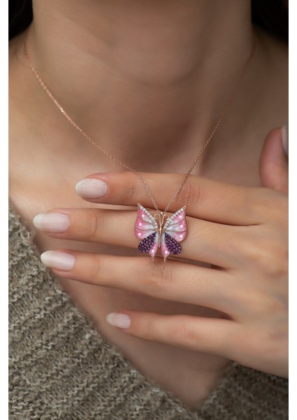 925 Ayar Gümüş Pembe Kelebek Kadın Kolye fiyatları