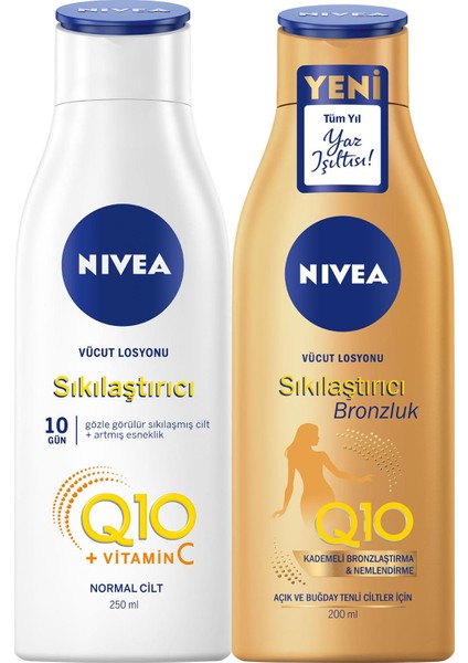 Q10 Sıkılaştırıcı Vücut Losyonu 250 ml ve Q10 Sıkılaştırıcı Bronzluk 200 ml,10 Günde Sıkılaş