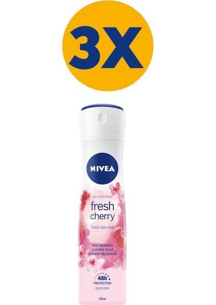 Kadın Sprey Deodorant Fresh Cherry, 48 Saat Anti-perspirant Koruma, 150 ml x3 Adet