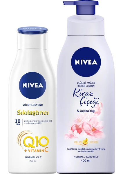 NIVEA Q10 Sıkılaştırıcı Vücut Losyonu 250 ml,10 Günde Sıkılaş,Kiraz Çiçeği & jojoba Yağı Pump Nemlendirici Vücut Losyonu 400 ml