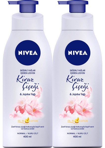 NIVEA Değerli Yağlar Içeren Vücut Losyonu Kiraz Çiçeği & Jojoba Yağı Normal / Kuru Ciltler,400 ml x2 Adet