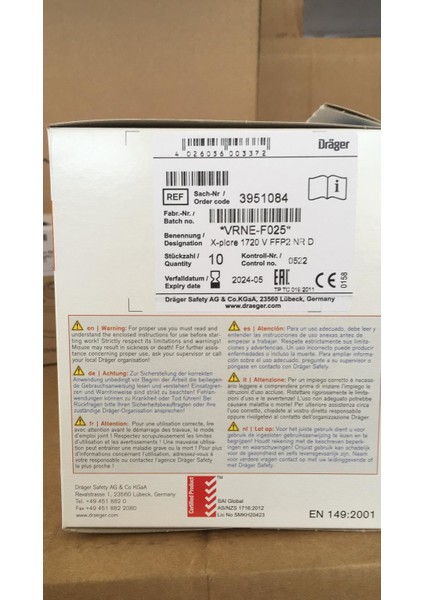 Drager 1720 V Ffp2 Ventilli Toz Maskesi (10 Adet)
