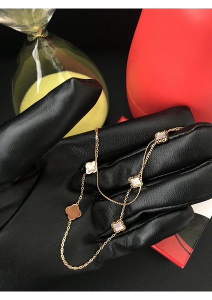 Iki Sıralı Gold Yonca Çelik Kolye
