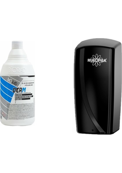 Derm Alkol Bazlı El ve Cilt Dezenfektanı 1000 ml + Rulopak Sensörlü Sprey Dezenfektan Dispenser Makinesi -Siyah