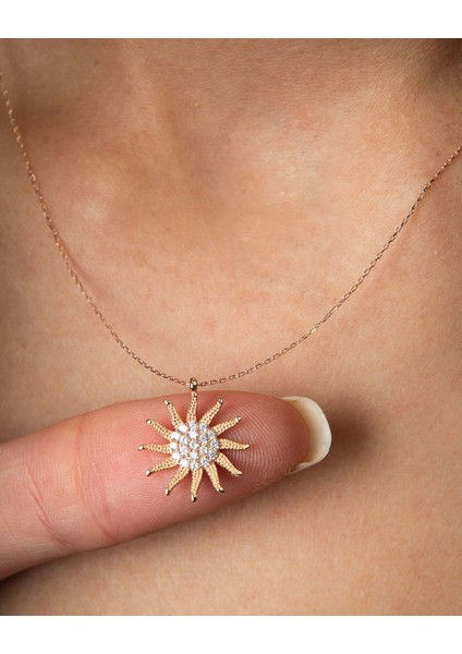 Rose Kaplama Zirkon Taşlı Gümüş Güneş Kolye