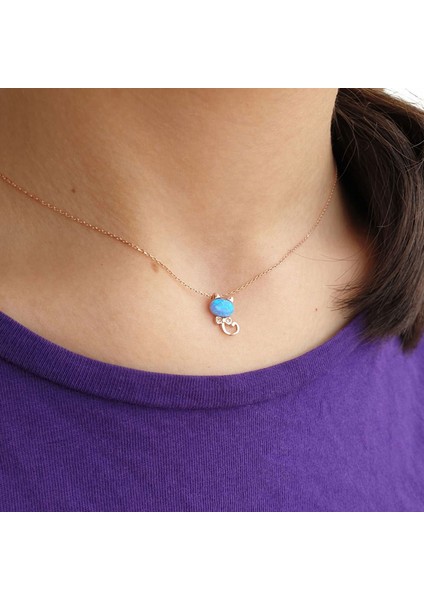 Gümüş Opal Taşlı Kedi Kolye