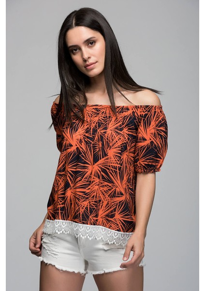 7210006 Viskon Desenli Yaka Lastikli Eteği Güpürlü Bluz Taba-Sıyah