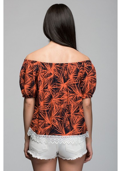 7210006 Viskon Desenli Yaka Lastikli Eteği Güpürlü Bluz Taba-Sıyah fiyatları