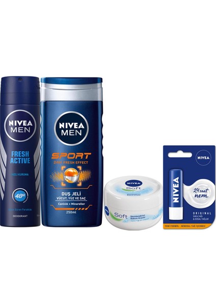 Fresh Active Erkek Sprey + Sport 250 ml Duş Jeli + Dudak Kremi Soft + Soft 200 ml