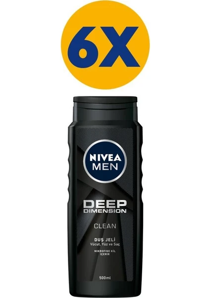 NIVEA Men Deep Dimension Duş Jeli 500 ml x 6,Saç,Yüz ve Vücut için