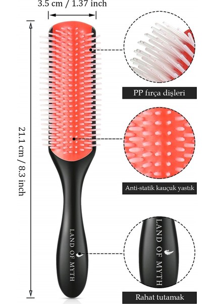 Land Of Myth - Styling Brush, 9 Sıra Saç Şekillendirme Fırçası, Kıvırcık Kız Metodu Fırçası LOM1211