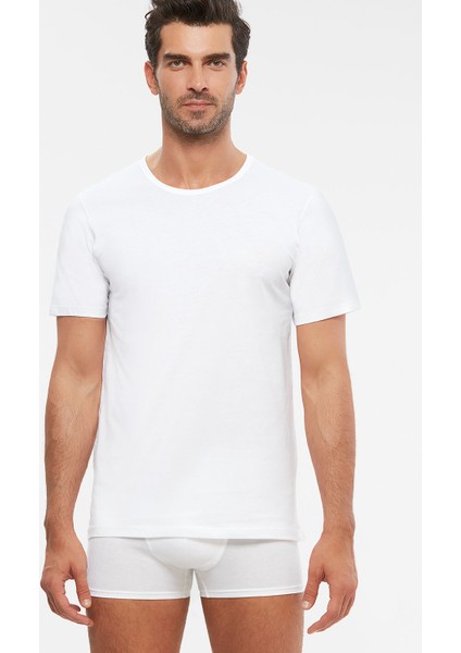 Erkek Penye 0-Yaka Hulio T-Shirt Atlet 2 Li Beyaz %100 Pamuk S-3xl