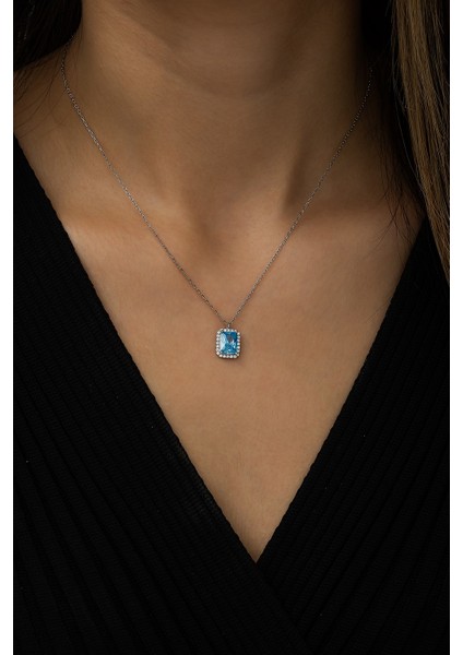 925 Ayar Gümüş Aquamarin Taşlı Tektaş Kadın Gümüş Kolye modelleri