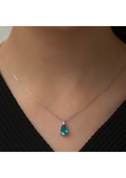 925 Ayar Gümüş Aqua Taşlı Damla Tektaş Kadın Gümüş Kolye