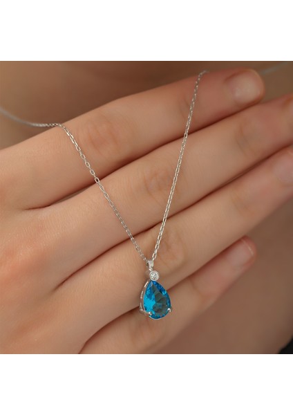 925 Ayar Gümüş Aqua Taşlı Damla Tektaş Kadın Gümüş Kolye fiyatları