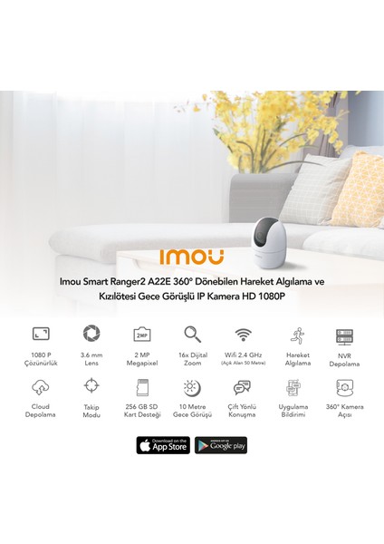 IMOU Ranger 2 İç Ortam Akıllı WiFi PT Kamera/2 MP-Gece Görüşü-360° Hareket-İnsan Algılama-İki Yönlü Konuşma-SD Kart Desteği-ONVIF-Bulut(IPC-A22EP)