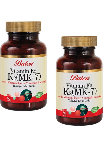 2 Adet Balen K2 Mk-7 Vitamin K2 ve D Vitamini 450 Mg 60 Kapsül