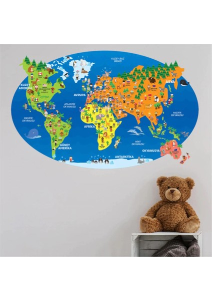 Kt Decoration Dünya Haritası Hayvanlar ve Ülke Bayrakları Eğitici Duvar Sticker
