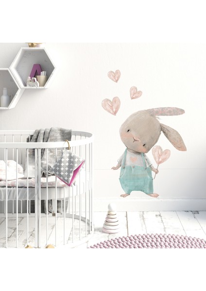 Kt Decoration Sevimli Kalpli Tavşan Mavi Tulumlu Duvar Sticker Seti