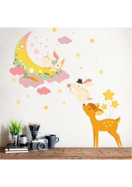 Kt Decoration Ay ve Sevimli Bunny Karikatür Dekoratif Duvar Sticker fırsatları
